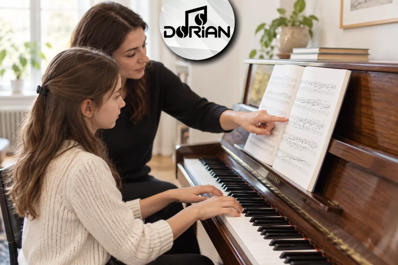 Piyano dersinde eğitmenle nota ve tuş çalışması